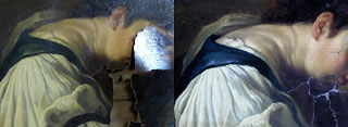 Reconstitution of missing pieces on a 19th century oil painting on canvas