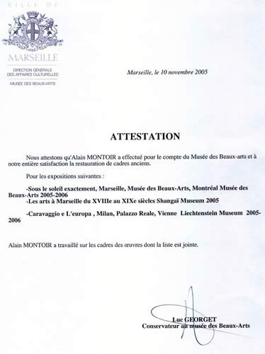 Attestation Musée des Beaux Arts de Marseille
