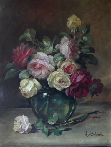 Vente tableau Bellemain - Ecole fran&ccedil;aise - Rose dans un vase en verre - 19e 20e
